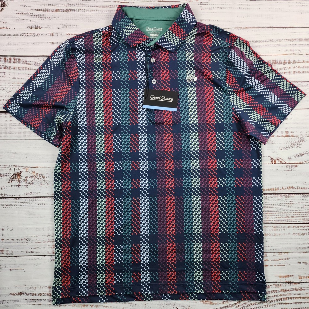 NWT Good Good Golf Par Plaid Polo Shirt Mens Medium Multicolor Pixelated